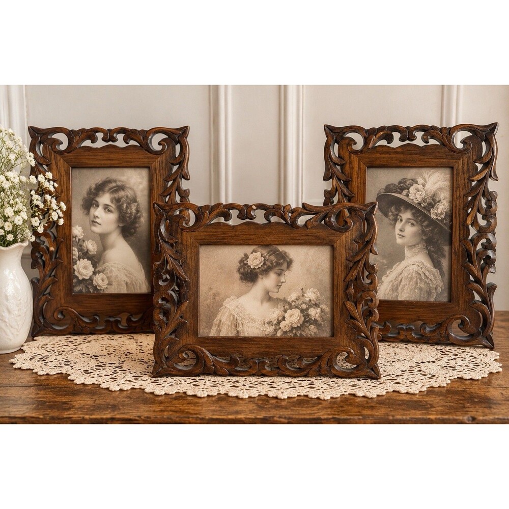 Vintage Ornate Carved Wood Photo Frame Set of 3 Brown 4x6 Freestanding Tabletop